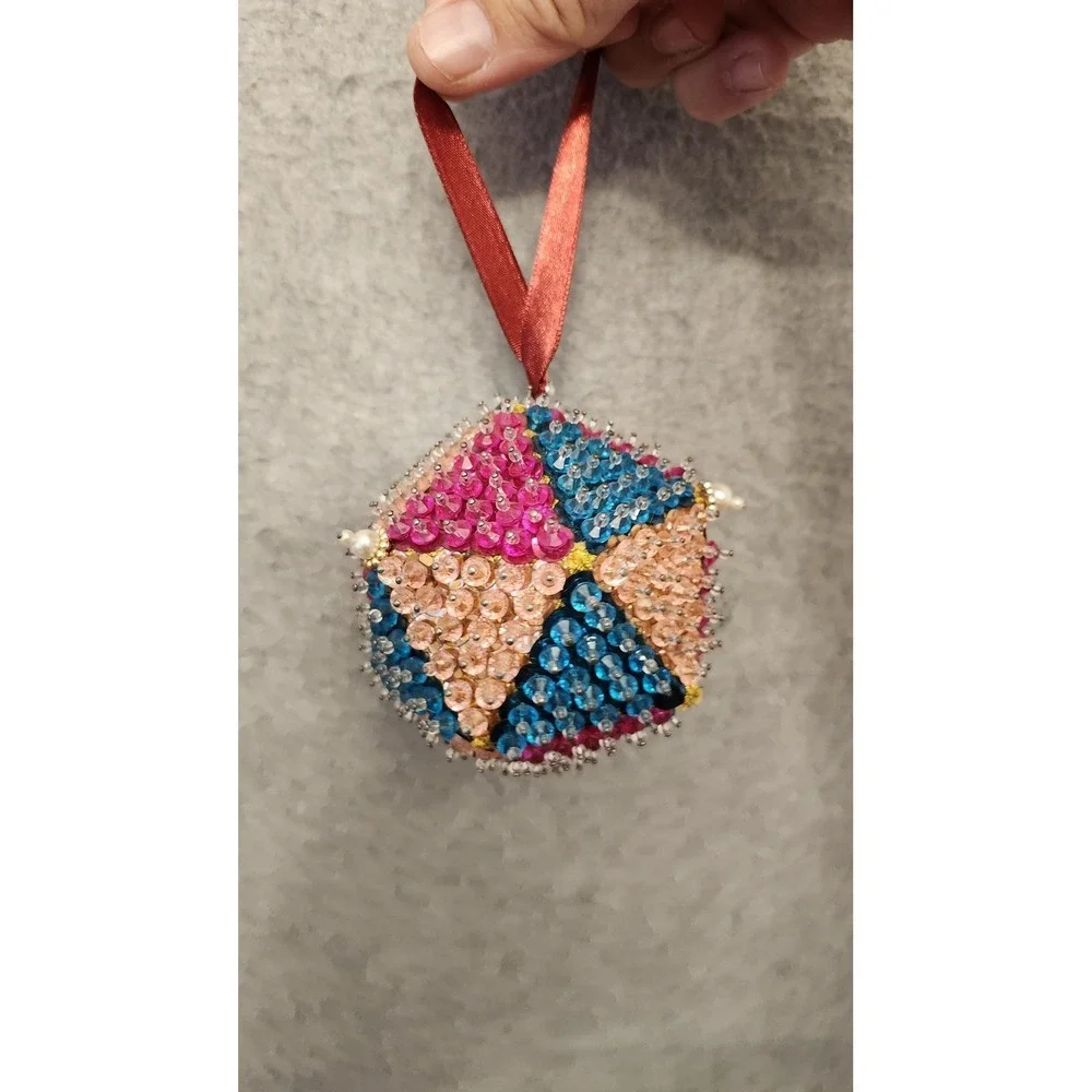 Handmade Beaded Sequin Christmas‎ Ornaments Set 3 Pink Red Multicolor Foam